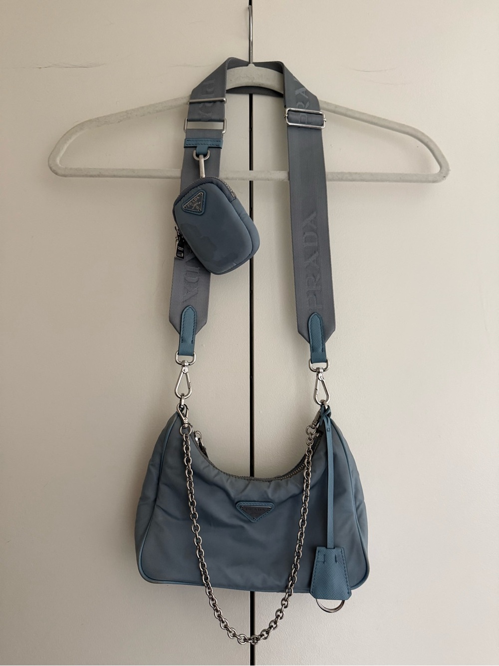 Prada Blue Nylon Shoulder Bag with Detachable Strap and Chain
